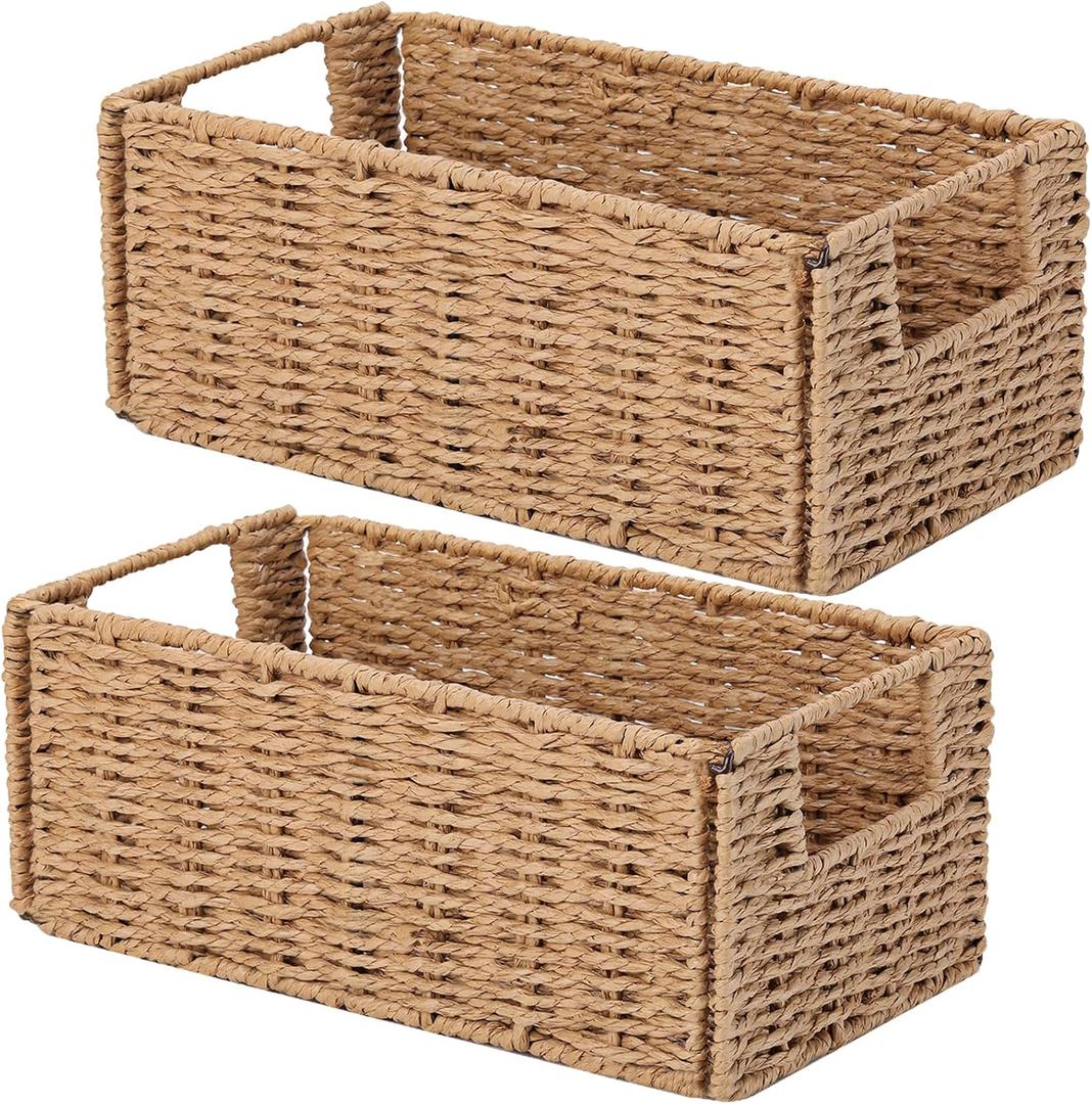 Vagusicc Wicker Storage Basket, Set of 2 Hand-Woven Paper Rope Wicker Basket, Small Storage Baskets for Organizing Toilet Paper Basket, Foldable Large Cube Storage Organizer Bins for Shelves (Natural) (11.2"D x 6.1"W x 4.8"H)