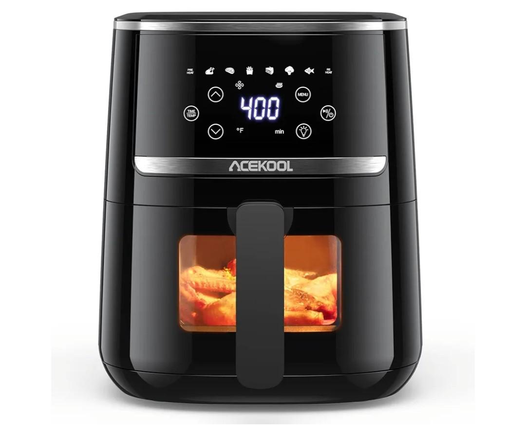 Acekool Air Fryer 5 Quart, Digital Display Air Fryer Toaster Oven Combo with 8 Cooking Presets Oilless Cooker for Quick Meal, Visible Window, UP to 400℉, Dishwasher Safe Basket, Nonstick Silicone Liner, Timer