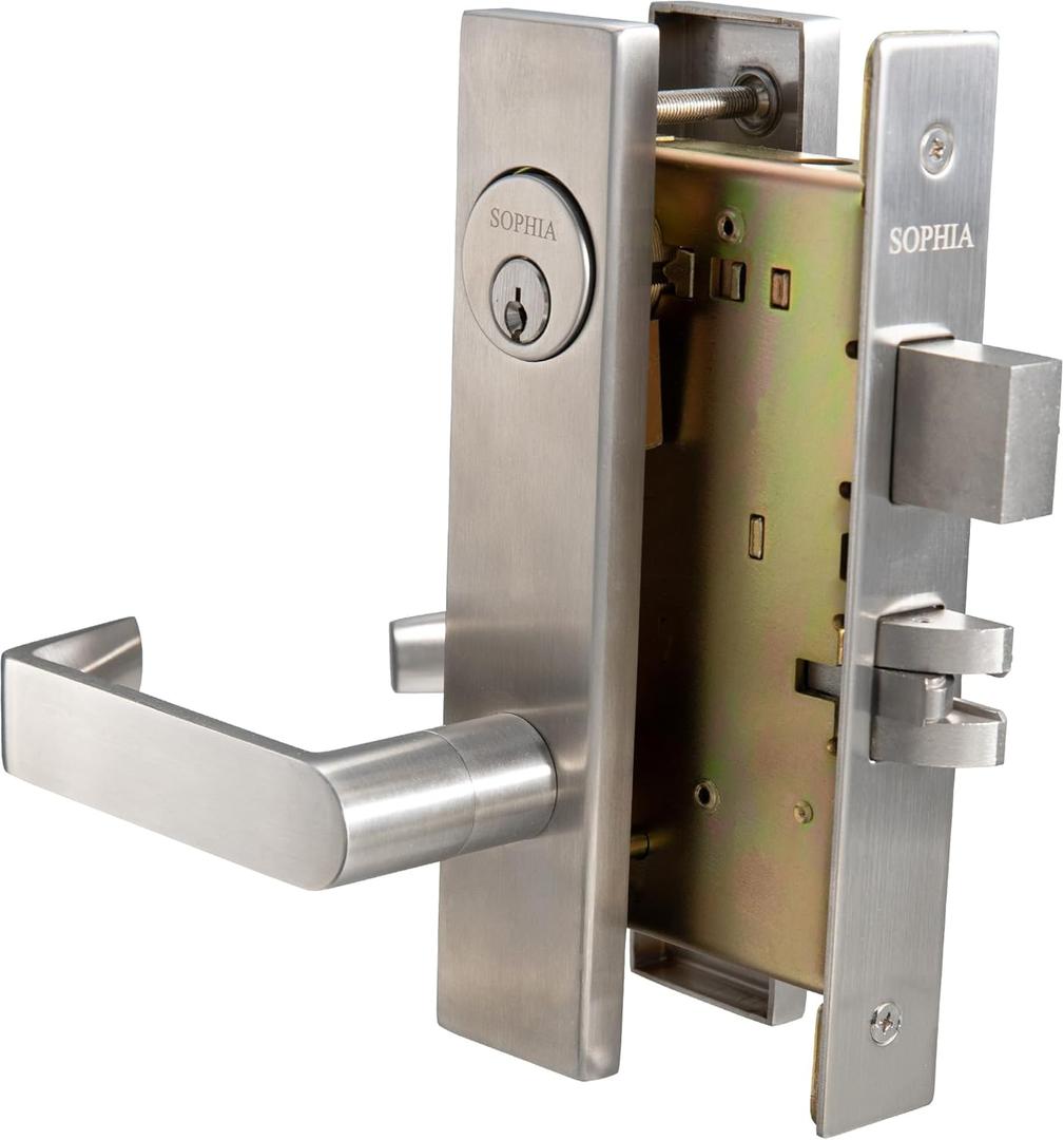 SOPHIA Commercial/Residential Heavy Duty Mortise Lockset Lock Non-Handed Grade 1 - Escutcheon Plate Keyed Lever Lockset, ADA, US32D Satin Chrome Finish for Dormitory Front Door