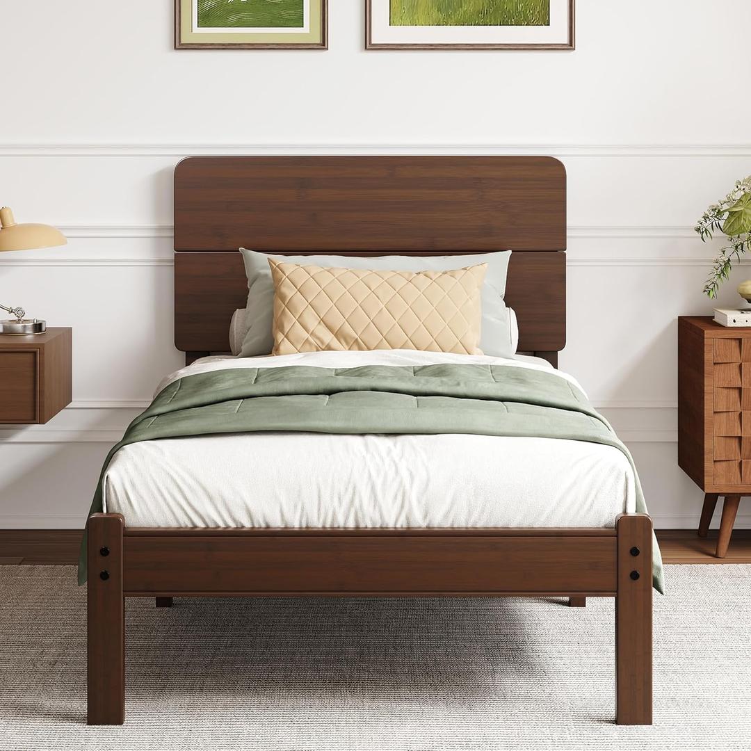 BOSRII 14in High Solid Bamboo Wood Platform Twin Size Bed Frame with Headboard, Reinforced Heavy Duty Metal Slats, Noise Free, No Box Spring Needed, Easy Assembly, Walnut