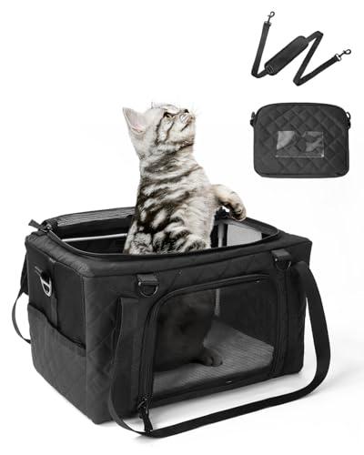 PETUX Airline Approved Cat Carrier for Small Cat - 16" x 10" x 9.5", Double Anti-Escape, Collapsible, Underseat, Under 10 lb with Removable Snack Bag, Safety Buckle, Leash - Ideal for Travel - Black