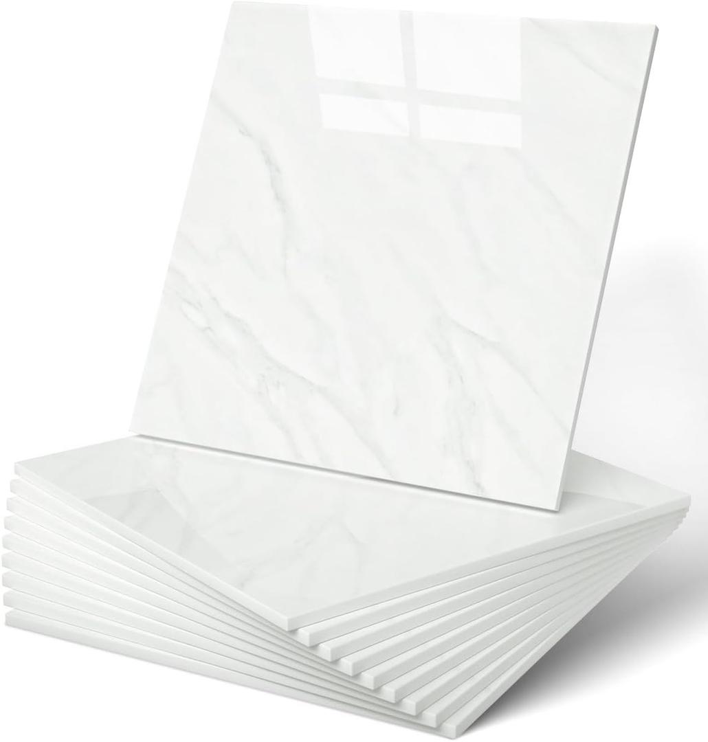 WADILE 20pcs Waterproof Peel and Stick Marble Wall Tiles, 11.8"x11.8" Self-Adhesive PVC Panels for Bathroom, Kitchen, and Living Room Earl White (Not Real Tile)