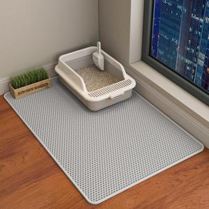 HCY&WLD Cat Litter Mat, 45x26/35x24/30x22/24x18 Inch Double Layer Cat Litter Box Mat, EVA Non-Slip, Waterproof Urine Proof Cat Litter Catcher Mat, Easy Clean Scatter Control (35x24 Inch, Gray)