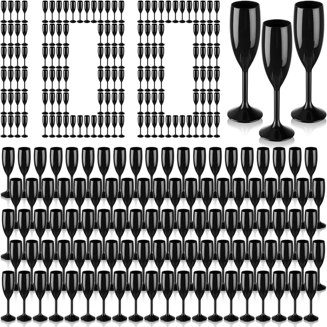 Domensi 100 Pcs Champagne Flutes Bulk 6 oz Acrylic Goblet Glasses Toasting Drinking Unbreakable Plastic High Stem Champagne Cups for Wedding Christmas Birthday Party (Black)