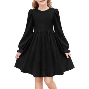 Arshiner Girls Knit Dresses Puff Long Sleeve Fall Winter Casual Holiday Sweater Dress with Pockets, 10-11 Years