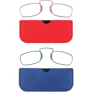 REAVEE 2 Pack Small Armless Reading Glasses for Men Women, Blue Light Blocking No Temple Compact Readers with Portable Case (Rectangular - Red and Blue)