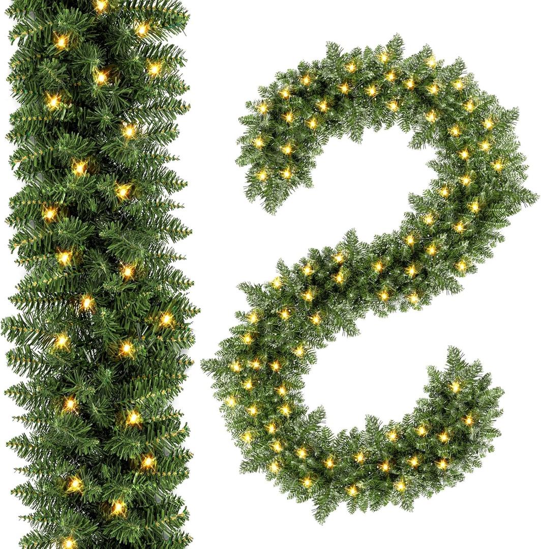 2 Pack 9FT Prelit Christmas Garland Artificial Pine Garland Decoration 50LED Battery Operated Warm Lights and Timer Xmas Garlands Decor Indoor Outdoor (Classic Green)