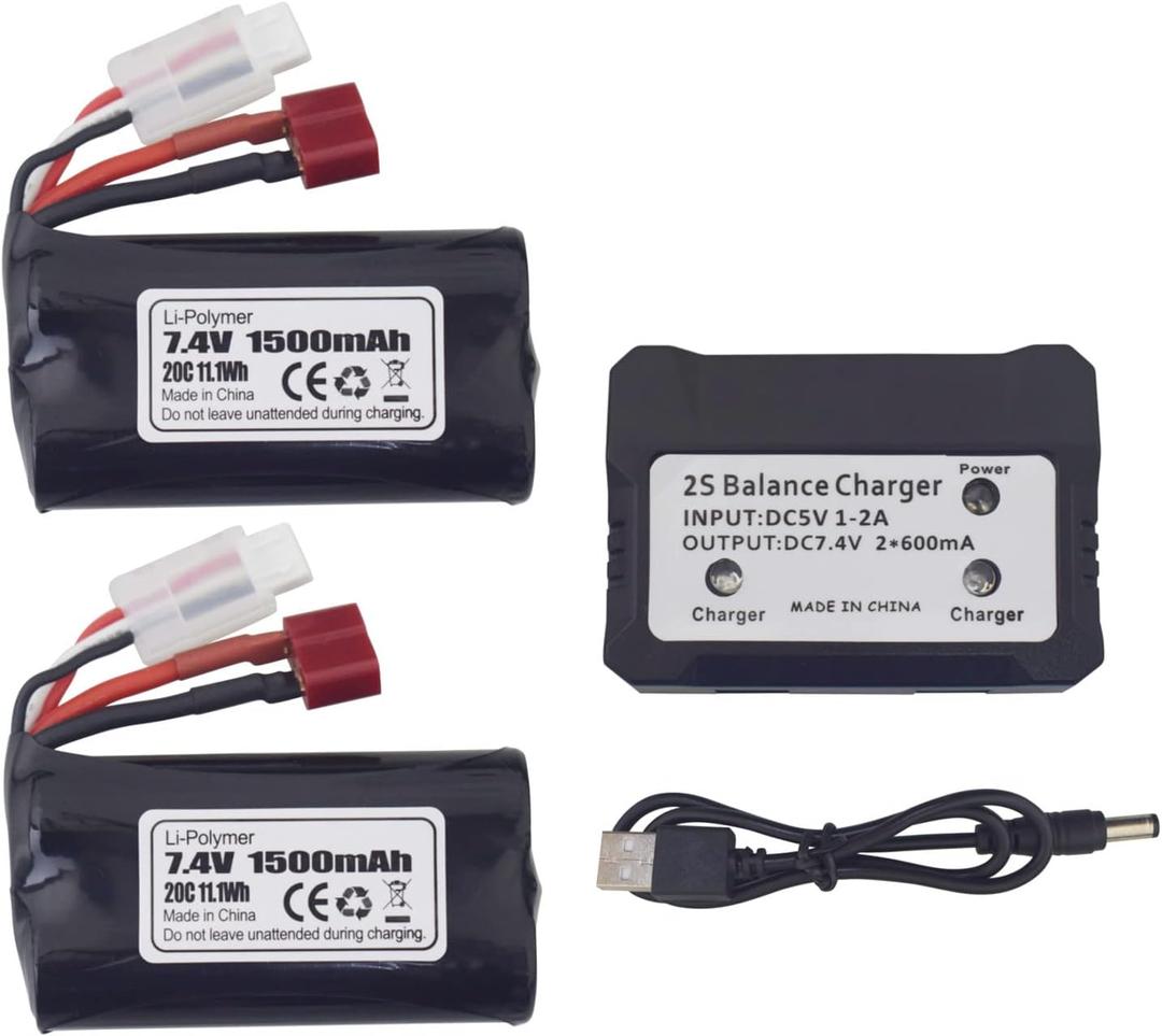 sea jump Accessories 2PCS 7.4V 1500mAh T-Plug Lithium Battery with 2in1 Charger for WLOTYS 12423 12401 12403 12428 HM163 HM164 YC200 9155 9156 4WD High Speed Off-Road RC RC Car Battery