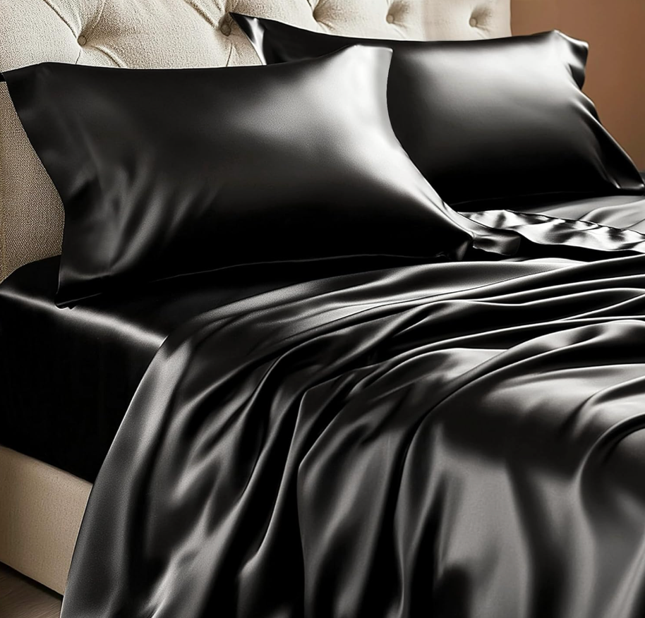 BEDELITE King Size Sheets Set, Luxury Soft Black Satin Sheets for Hair and Skin, Similar to Silk Bed Sheets Set 4 Pieces with 1 Deep Pocket Fitted Sheet, 1 Flat Sheet, and 2 Pillowcases
