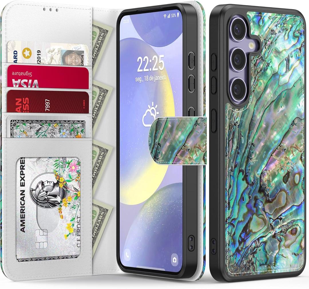 FUNMIKO for Samsung Galaxy S24 Plus Case Wallet,Detachable Flip Folio Leather Cover,RFID Blocking 4 Card Slots Holder,Kickstand Function,Protective Phone Shell for Women,Green Oyster Shell