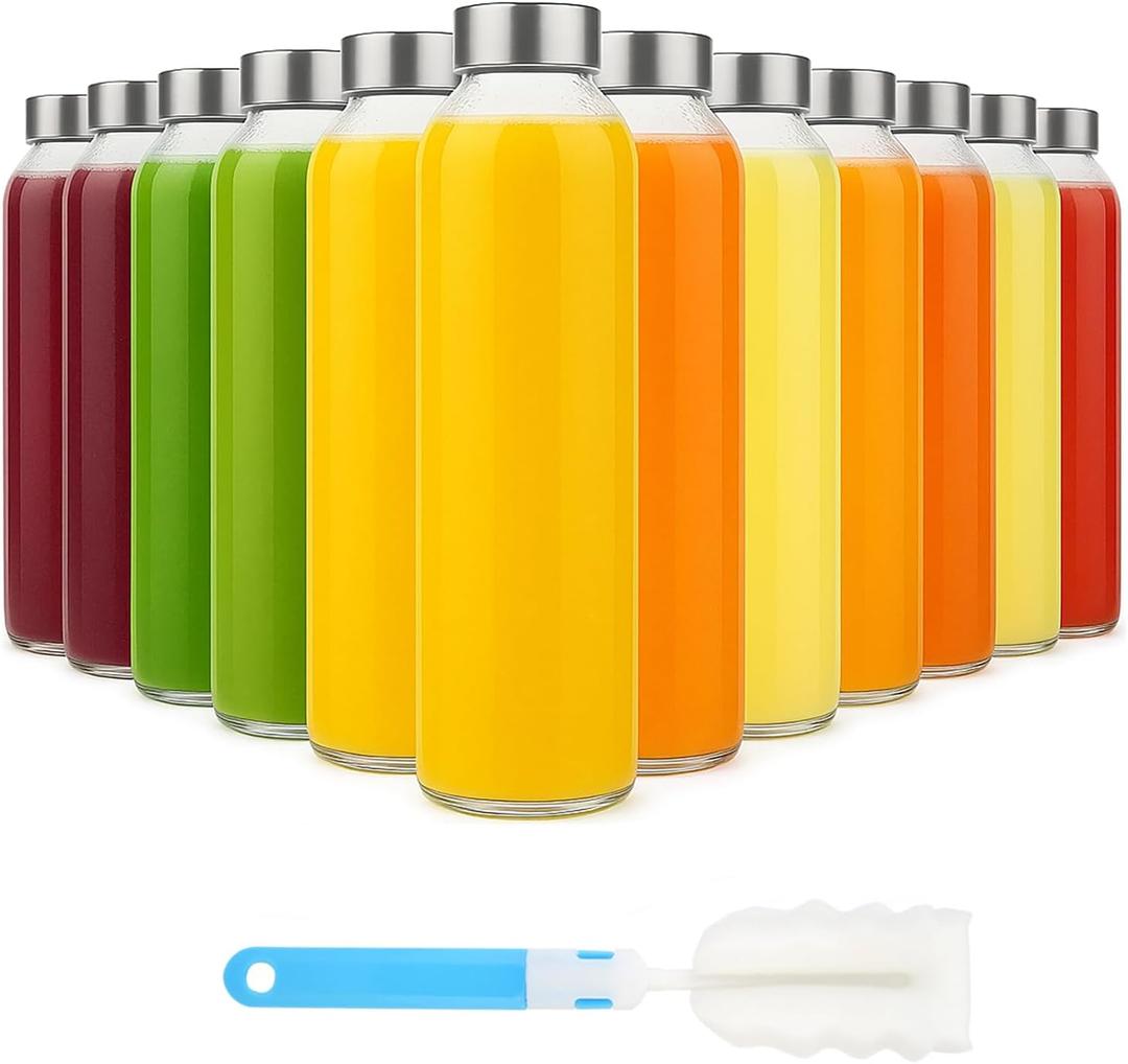 Sursip [12 Pack] 18 oz Glass Water Bottles with Lids, Juice Bottles, Clear glass juice bottle for juicing, Eco-Friendly Reusable Glass Juicing Bottles with Stainless Steel Lid, BPA Free,Leak-Proof
