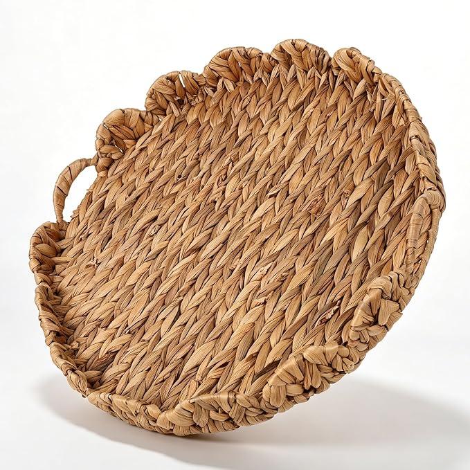 Foxtell Round Rattan Tray, 19.7" Hand Woven Basket, Large Round Ottoman Table Tray with Handles for Home and Kitchen Decorative, Breakfast, Tea, Snack, Fruit, Coffee, Storage