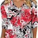 KISSMODA Tops for Women 2025 3/ 4 Length Sleeve T-Shirts Dressy Casual Loose V-Neck Sleeve Tunic Blouses Floral Red, 3XL