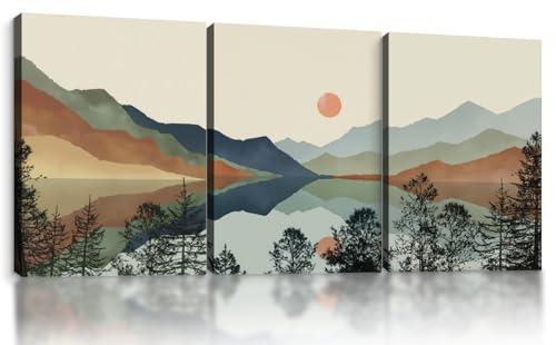Framed Boho Mountain Landscape Wall Art Set of 3-Canvas Prints, with Sunset and Lake Pictures posters Modern Minimalist painting Living Room, Bedroom, Office Ready to Hang 12x16Inch