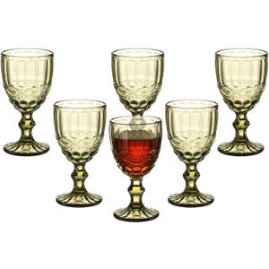 Vintage Wine Glasses Set of 6, 10 Ounces Colored Glass Water Goblets, Unique Embossed Pattern High Clear Stemmed Glassware Wedding Party Bar Glass Drinking Cups Floral Green