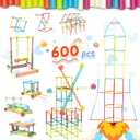 Ggiibro Straw Constructor STEM Building Toys Macaron 600Pcs Interlocking Gear Toy Sets for Kindergarten Classroom, Engineering Thin Tube Blocks for 3 4 5 6 7 Years Kids Toy for Boys and Girls Gift