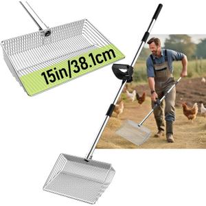 15-inch Metal Extra Large Chicken Poop Scooper, Heavy Duty Chicken Coop Scoop with 36" to 61" Adjustable Stainless Steel Long Handle, Litter Sifting Shovel for Chicken Coop Cleaning