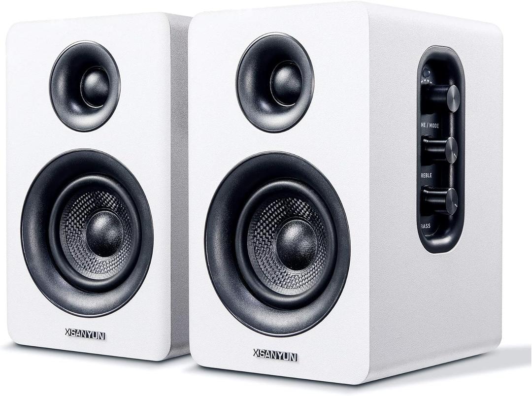 Sanyun SW208 3" Active Bluetooth 5.0 Bookshelf Speakers  60W Carbon Fiber Speaker Unit - Built-in 24bit DAC Dynamic 3D Surround Sound 2.0 Computer PC Monitor Gaming (Pair, White)