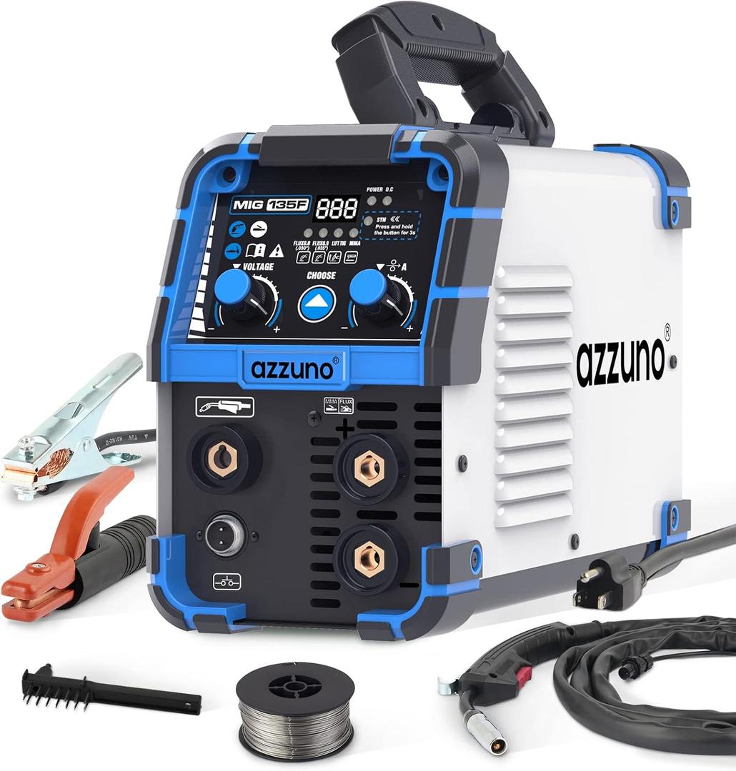 AZZUNO 135 Amp MIG Welder, 3 in 1 Multiprocess Welder 110V Flux Core Welder Flux MIG/Lift TIG/Stick Welding Machine Synergic Control IGBT Inverter Welder (volts, 110)