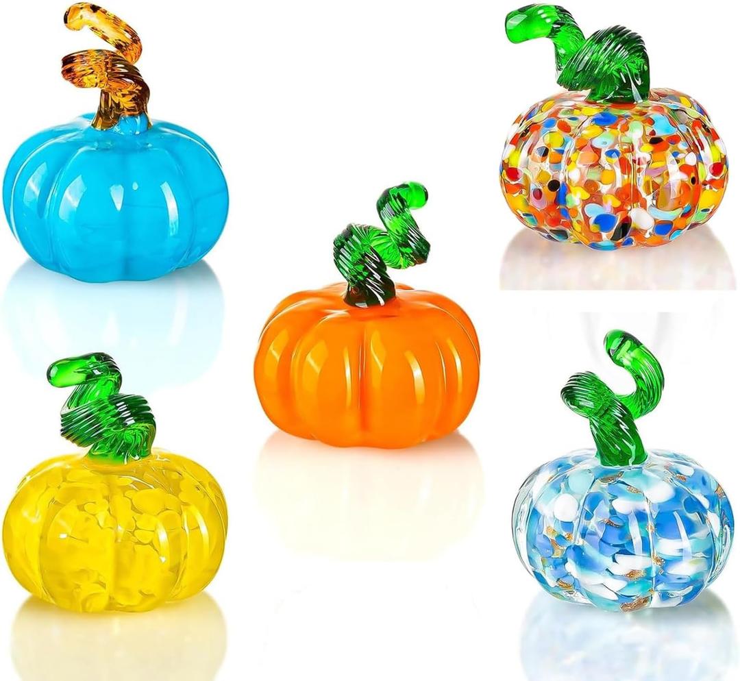 5pcs Blown Glass Pumpkin Figurines Collectibles, Small Crystal Glass Art Pumpkin Ornament for Halloween Thanksgiving Fall Home Decoration (Multicolor)
