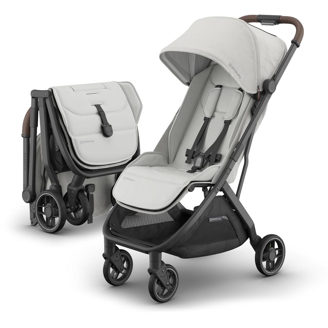 UPPAbaby Minu V3 Travel Stroller | Lightweight + Compact Design | One-Hand Fold + Unfold | from Birth + Overhead Compatible | Savannah (Pearl Gray Mlange/Carbon Frame/Chestnut Leather)