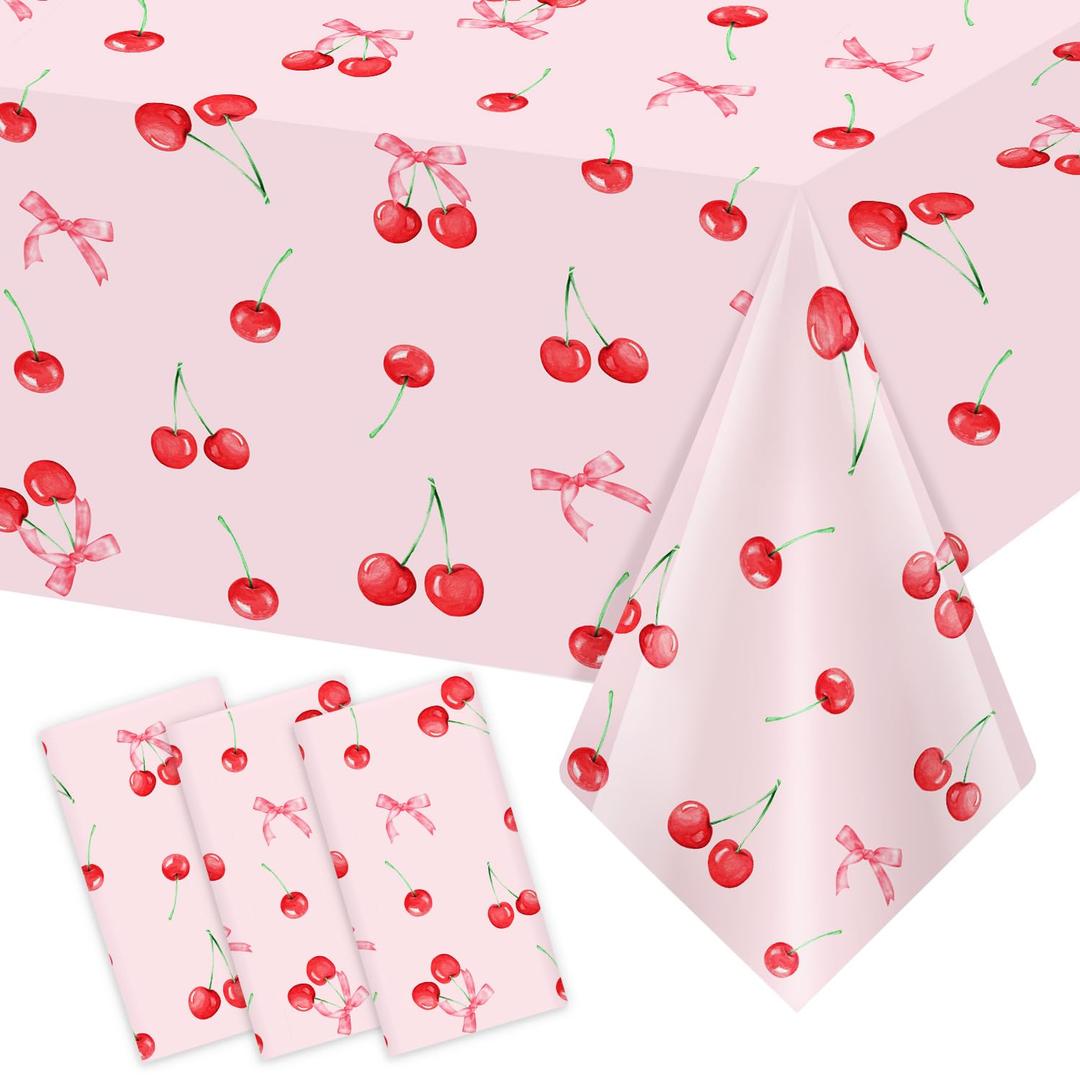 Homanu 6 Pack Cherry Birthday Decorations Tablecloths, Large Size 54 X 108 Inch Rectangle Cherry Table Cloth Plastic Table Cover for Birthday Party Decorations