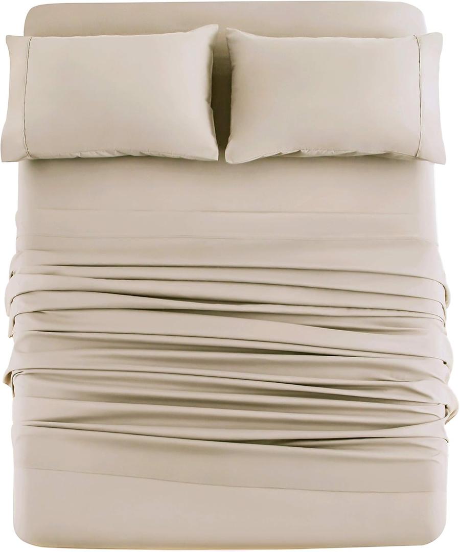 Mohap Bed Sheet Set 4 Pieces Double Brushed Microfiber 1800 - Breathable Cooling Luxury Soft Bedding - Queen Beige
