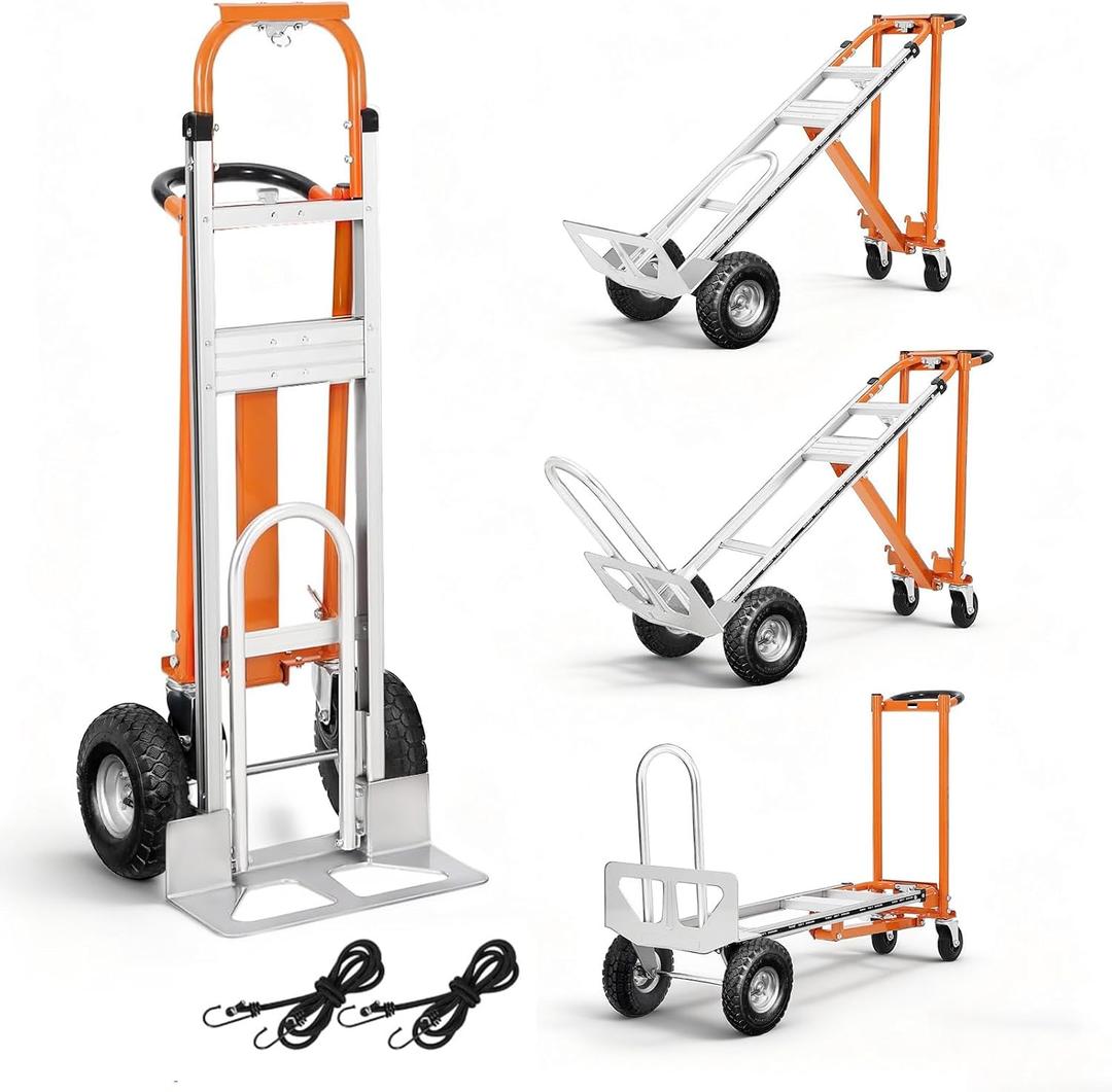 Aluminum 4 in 1 Convertible Hand Truck Dolly, 1000Lbs Capacity, Heavy Duty Folding Hand Truck Dolly Cart with Wheels 10" All-Terrain Tires, Hand Trucks for Logistics, Moving Home, Shopping, Office