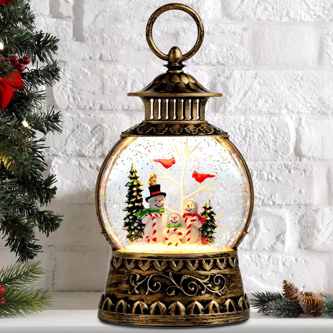 Christmas Snowman Snow Globe, Cardinal Musical Snow Globe Lantern Lights with 6H Timer Battery & USB Powered, Retro Style Holiday Glitter Globe for Xmas Home Decoration Holiday Party Gifts (Xty-3xrhn)