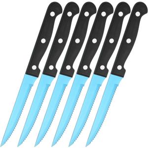 2 x Blue Steak Knife Set of 6, Stainless Steel Knifes, Full Tang Triple Rivet Steak Knives, Serated Sharp Cutlery Utility Knife