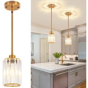 2 Pack Brushed Gold Pendant Lights Kitchen Island, Modern Crystal Kitchen Pendant Lighting Over Island Dining Room Light Fixtures Adjustable Hanging Pendant Light for Bathroom Hallway Foyer Bedroom
