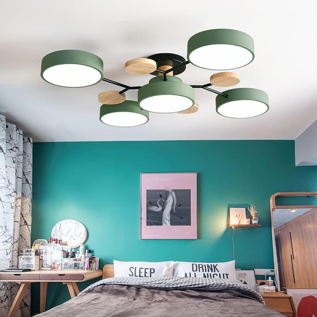 LED Dimmable Modern Ceiling Light Fixture, 30 Inch 5-Light Wooden Flush Mount Chandelier for Living Room, Bedroom, Kitchen - 3000K/4000K/6000K Green Ceiling Lamp