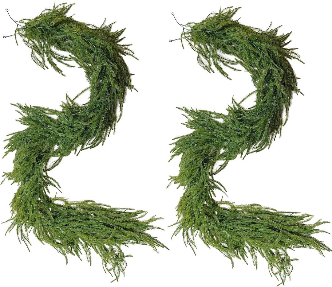 PHYTIGRO 2pcs 6FT Artificial Christmas Decorations Norfolk Pine Real Touch Stems Tree,Indoor Outdoor Garland for Mantle Window Wall Greenery Home Decor