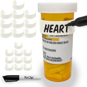 20 Pack Medicine Bottle Label Clips for Easy Medication Identification - 20ct Multipack with Marker (White)