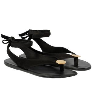 VorisVina Black Cute Flat Sandals for Women Ankle Strappy Thong Sandals Ladies Summer Dress Flip Flops with Metal Circular