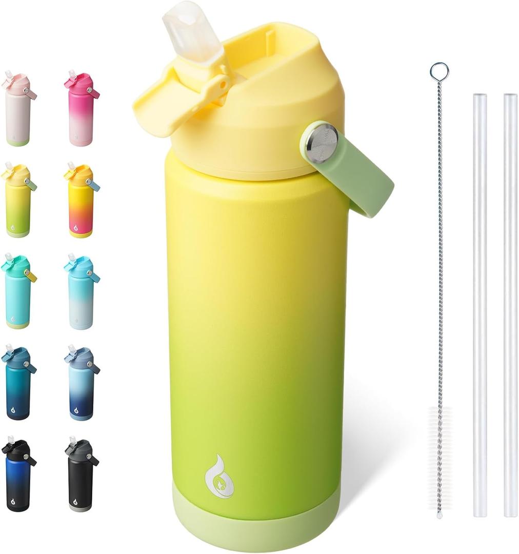 BJPKPK Insulated Water Bottle with Straw Lid, 18oz Thermos Water Bottles, Flex Handle & Non-slip Boot, BPA Free Leak Proof Stainless Steel Metal Thermos, Tumblers, Cups,Fresh Green