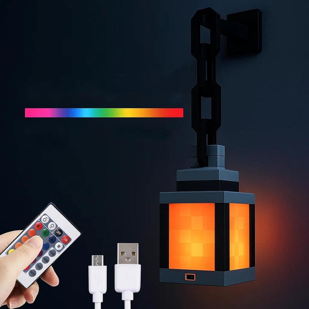 Pixelated Lantern Night Light -16-Color Led Wall Mood Night Light W Touch Switch&Remote Control-Rechargeable Night Lamp Mountable Table Light, Costume Cosplay Nightstand Lamp for Room Decor for Boys (One Size, Gray (with chain and bracket))