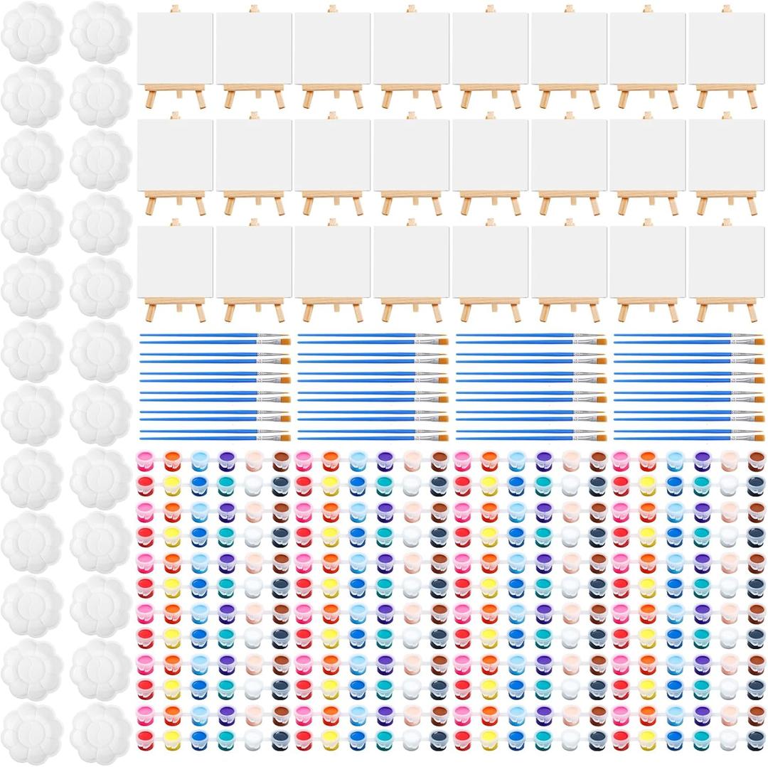 24 Set Canvas and Easel for Painting,24Pcs Canvas Boards and Easel,24Pcs 12 Colors Acrylic Paint Strips,48 Brushes,24 Palettes,Washable Acrylic Set for Crafts Painting Party Favors (4x4Inch)