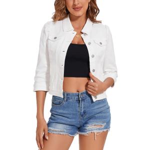 Women's Jean Jacket Cropped Denim Jacket Stretchy 3/4 Puff Sleeve Distressed with Pockets, L