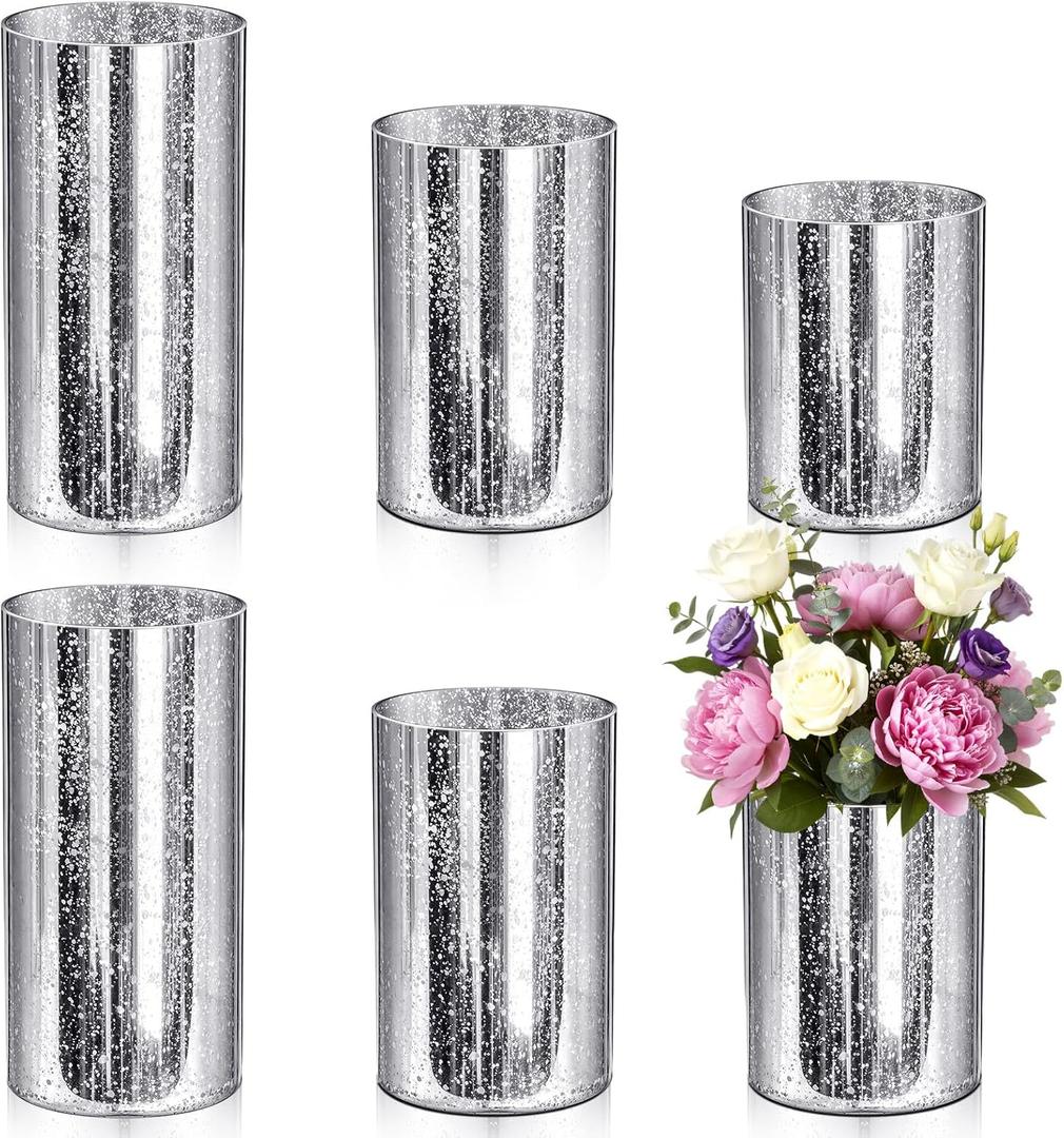 6 Pcs Silver Cylinder Vases for Centerpieces Mercury Vase Hurricane Vase Bulk Acrylic Round Wide Container for Flowers Home Office Wedding Table Decorations (4''/6''/8'')