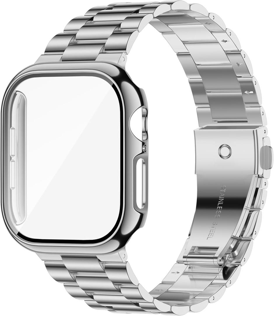 iiteeology Compatible with Apple Watch Band 42mm Series 11 Series 10, Upgraded Stainless Steel Band with iWatch Screen Protector Case for Men Women Silver/Silver