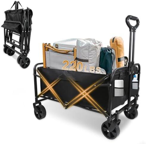 Heavy-Duty Collapsible Wagon Cart with Wheels, Lightweight Foldable Utility Cart with Adjustable Handle for Outdoor Use – Ideal for Grocery Shopping, Camping, Sports, Fishing, and More (Black)