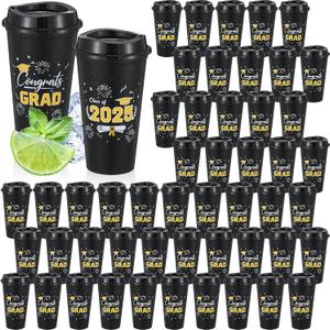 Skylety 50 Pcs Graduation Cups 2025, 16 oz Reusable Coffee Plastic Cups with Lids Graduation Party Cups for Grad Party Supplies Decorations Graduation Gift for Students Friends Classmates (Black)