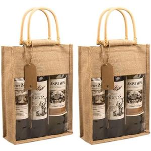 DIWNELEM 2 Pack Burlap Gift Bags with Window - Jute Wine Bags for Wedding, Parties, Birthdays, Christmas & Holidays