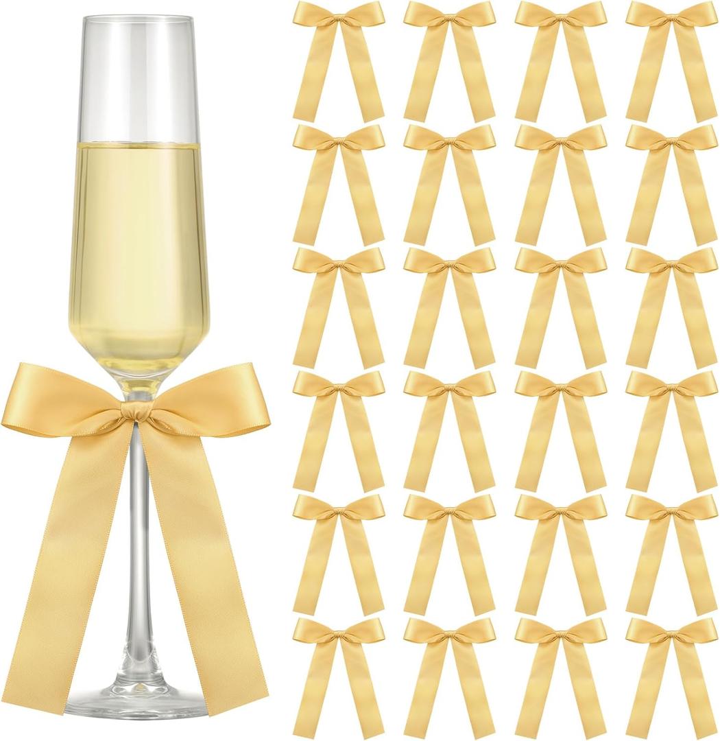 24 Pack Bows for Wine Glass Candle Holder 6.7 x 4 Inch Bow Candlestick Champagne Glass Ribbon Self Adhesive Tag Name Marker for Wedding Anniversary Party Gift Decor(Gold)