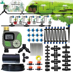 Drip Irrigation System with Water Timer Auto Watering System for Garden 5/16ID and 1/4 Inch Pipe 162ft Adjustable Spray Kit, for Greenhouse, Garden, Lawn, and for Potted Plants, Kit 8a - 162 ft