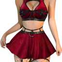 Lilosy Sexy Stocking Chocker Strappy Underwire O Ring Push Up Garter Belt Women Skirt 5 Piece (Small, Red Velvet)