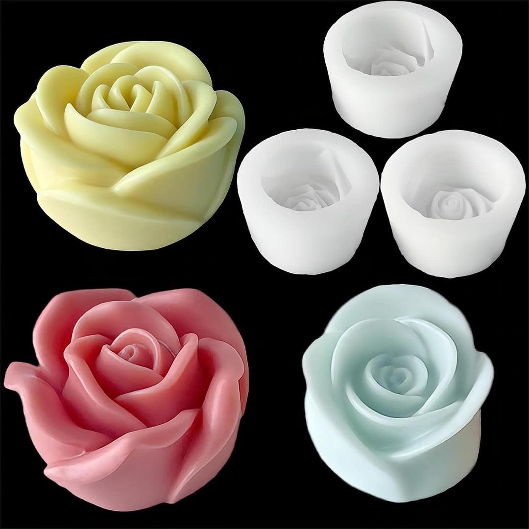 3PCS Big Rose Candle Molds, 3D Rose Molds for Valentine's Day, Bloom Flower Shape Silicone Fondant Molds for Soap Aromatherapy Wax Resin Art Clay Craft Home Cake Decoration Making Supplies