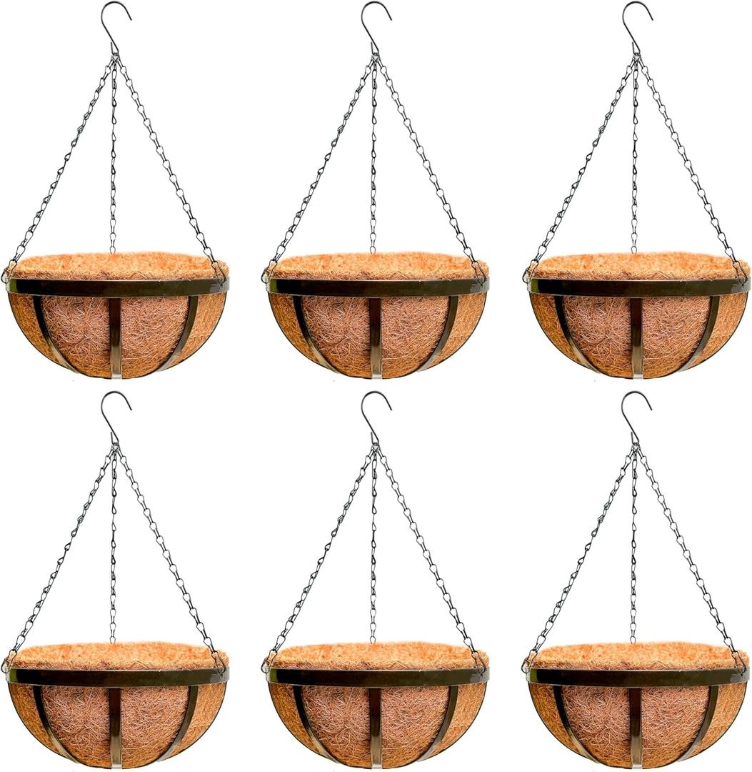 LaLaGreen Outdoor Hanging Baskets for Plants (14 Inch, 6 Pack) Large Black Hanging Planters with Coco Liner, Flat Iron Round Plant Metal Flower Pots for Deck Patio Porch Garden Balcony Outside Decor