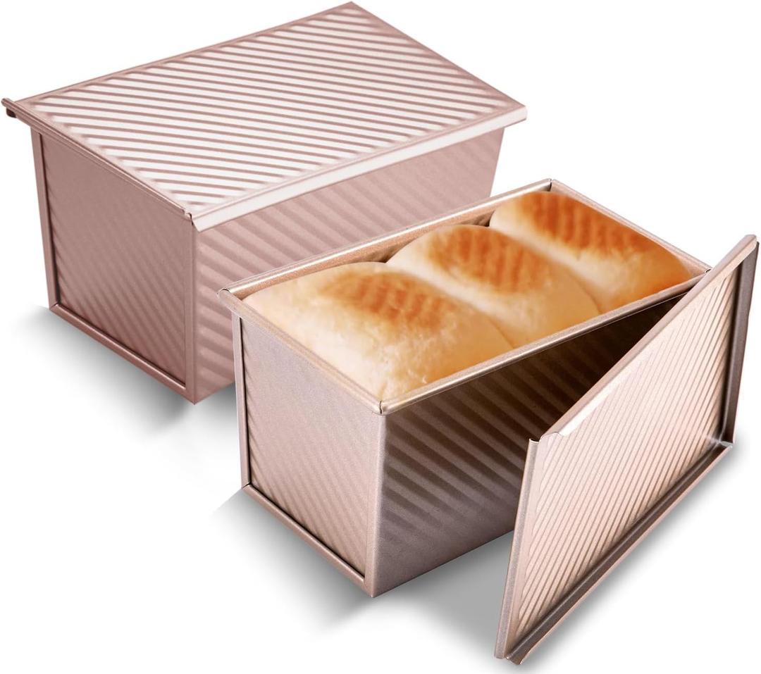 KITESSENSU Pullman Loaf Pan with Lid 2 Pack, 1 lb Dough Capacity Non-Stick Bakeware for Baking Bread, Carbon Steel Corrugated Bread Toast Box Mold with Cover for Baking Bread, Gold
